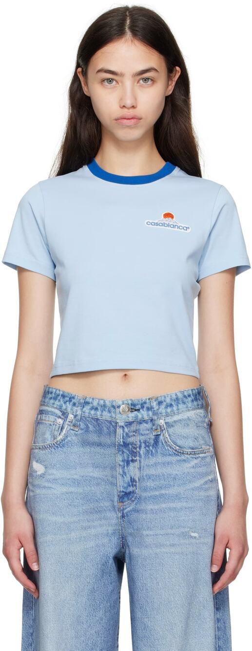 CasaBlanca Women's XS Blue Montagne Contrast Trim Cropped T Shirt Y2K B20-4
